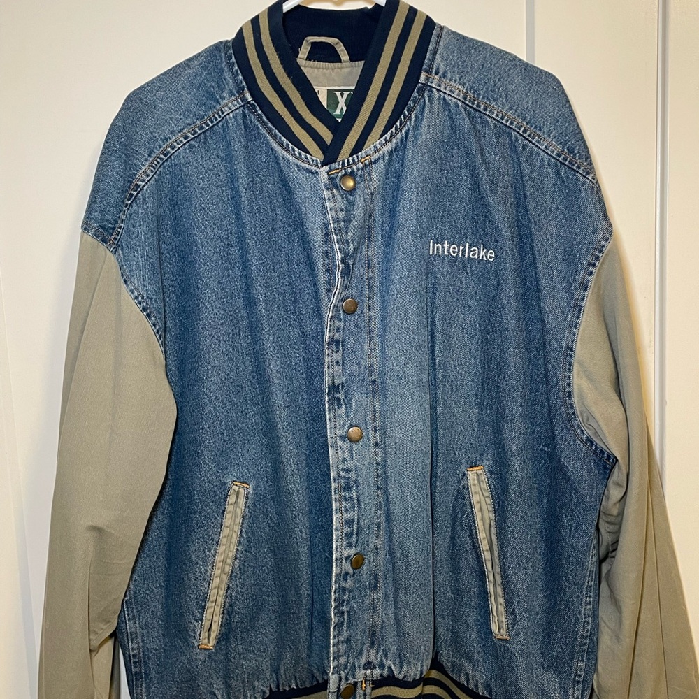 Blue and Gray Men's Denim Varsity Jacket
